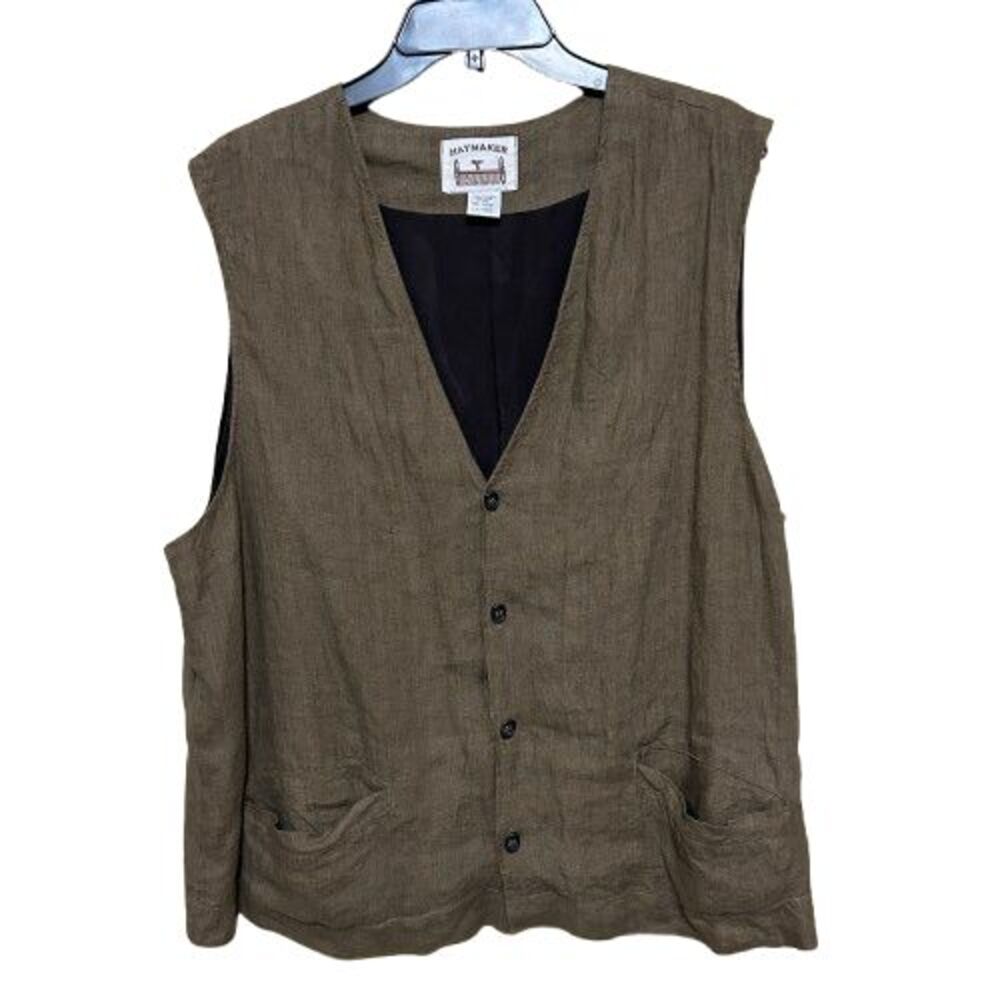 Haymaker 100% Linen Vest Mens Large Brown Button Front Pockets Lined Relaxed Fit